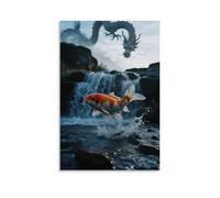 HHYXMJLL Un pesce koi che salta contro la corrente attraverso una cascata, squame scintillanti, con l'ombra di un drago nascosta nella nebbia, elegante poster artistico da appendere alla parete