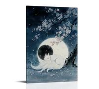 HHYXMJLL Una volpe a nove code che si arriccia sotto la luna piena, la sua coda soffice che brilla debolmente, con fiori di ciliegio che fluttuano intorno ad un elegante poster da appendere alla