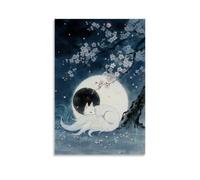 HHYXMJLL Una volpe a nove code che si arriccia sotto la luna piena, la sua coda soffice che brilla debolmente, con fiori di ciliegio fluttuanti intorno alla parete elegante poster artistico da