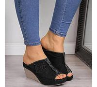 HHZY Ciabatte Zeppa Donna Espadrillas Tessuto Sandali Punta Chiusa Estive con Plateau Eleganti Comode Fondo Spesso Stile Cowboy Antiscivolo Pantofole Scarpe da Spiaggia,Nero,US7/EU38