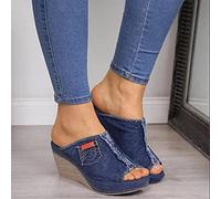 HHZY Ciabatte Zeppa Donna Espadrillas Tessuto Sandali Punta Chiusa Estive con Plateau Eleganti Comode Fondo Spesso Stile Cowboy Antiscivolo Pantofole Scarpe da Spiaggia,Blu,US8/EU39