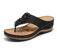 HHZYT Infradito Donna Sandali Ortopedici con Supporto per Arco Eleganti Sandali in Pelle per L'Estate con Fiori Ciabatte Comode Scarpe da Spiaggia,Nero,US7/EU38