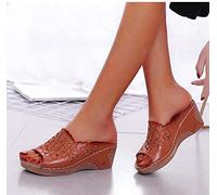 HHZYT Pantofole Donna Sandali Estivi Zeppa Eleganti Ciabatte con Tacco e Plateau Comode Scarpe Ortopediche Ricamati Senza Schienale Pantofale con Punta Aperta Antiscivolo,Marrone,US7/EU38