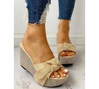 HHZYT Sandali con Zeppa da Donna Espadrillas Sandali Estivi con Plateau e Punta Aperta Ciabatte con Fiocco e Zoccoli Comode Scarpe da Spiaggia,Beige,US5/EU36