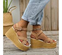 HHZYT Sandali con Zeppa e Tacco Alto con Plateau da Donna Sandali Estivi con Tacco Alto Espadrillas Scarpe da Spiaggia con Cinturino alla Caviglia con Fibbia,Marrone,US5/EU36