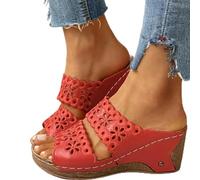 HHZYT Sandali da Donna in Pelle con Plateau Pantofole a Punta Aperta Comfort Ricamo Scarpe Estive con Zeppa Ciabatte Casual da Spiaggia da Giardino,Rosso,US6/EU37