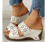 HHZYT Sandali da Donna in Pelle con Plateau Pantofole a Punta Aperta Comfort Ricamo Scarpe Estive con Zeppa Ciabatte Casual da Spiaggia da Giardino,Bianca,US7/EU38