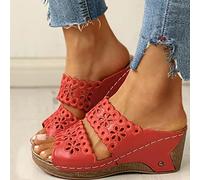 HHZYT Sandali da Donna in Pelle con Plateau Pantofole a Punta Aperta Comfort Ricamo Scarpe Estive con Zeppa Ciabatte Casual da Spiaggia da Giardino,Rosso,US9/EU40