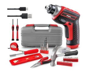 Hi-Spec Kit da 35 pezzi per il Fai Da Te con Avvitatore Elettrico Rosso ricaricabile con batteria da 3.6V. Un set completo di attrezzi per i lavori di casa con cacciavite elettrico, martello