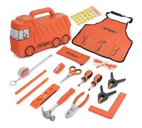 Hi-Spec Kit di Attrezzi da 17 Pezzi Bambini con Cassetta degli Attrezzi Arancione a Forma di Camion, Grembiulino con Tasche, Occhiali di Sicurezza, Livella