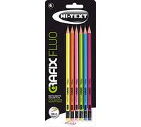 HI-TEXT 065 GRAFIX FLUO matita grafite rotonda laccata colori FLUO con gomma HB=2 - Blister 6 pezzi