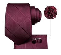 Hi-Tie Cravatte per gli uomini Pocket Square spille da bavero gemelli formali in seta intrecciata cravatta set festa di nozze, Plaid bordeaux scuro, M