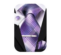 Hi-Tie - Set di cravatte in seta da uomo Rosa Blu Nero, 4 pezzi, con fazzoletto da tasca quadrato e gemelli, clip e spilla per matrimonio, Lilla viola., M