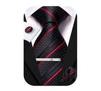 Hi-Tie - Set di cravatte in seta da uomo Rosa Blu Nero, 4 pezzi, con fazzoletto da tasca quadrato e gemelli, clip e spilla per matrimonio, Nero e rosso, M