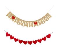 HIAKDOFT Ghirlande Decorative Sospese a Forma di Cuore 2 Pezzi Bandiere a Coda di Rondine in Lino Rosso per Decorazioni Matrimonio e Festa Romantica