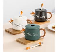 HIAKDOFT Tazza da Caffè in Ceramica con Coperchio e Cucchiaio Tazza da Bere 420Ml con Stampa Corgi Verde Resistente al Calore per Uso Domestico e Ufficio