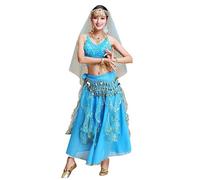 Hibasing Bollywood Costume da Ballo Indiano Danza del Ventre Set Top + Gonna + Catena Vita + Catena Testa Foulard Orientale Danza del Ventre Set