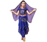 Hibasing Danza del Ventre Costume per Donne, 4 Pezzi Danza Indiana Outfits Top + Pantaloni + Catena in Vita + Catena Testa Foulard