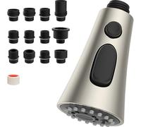 Hibbent Ricambio Doccetta per Rubinetto Cucina, Miscelatore Monocomando a 3 Funzioni di Spruzzo, 9 Adattatori Compatibile con Rubinetto G1/2, Doccetta Cucina, Nichel Spazzolato