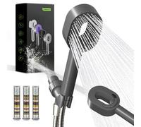 Hibbent Soffione doccia filtrato con doccetta, soffione doccia ad alta pressione a 5 spruzzi, ugelli anti-intasamento, supporto in ottone e tubo metallico da 180,3 cm, 3 filtri per addolcitore d'acqua