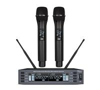 Hiberr Microfono wireless vocale, microfono wireless UHF a doppio canale, 2 x 60 frequenze regolabili, portata 90 m, per canto, piccoli concerti, esibizioni DJ (YU-E20H)
