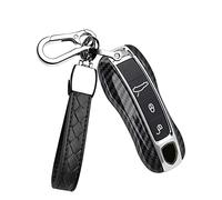 HIBEYO Samrt - Custodia Protettiva per Chiavi Auto Porsche con Portachiavi, Custodia Protettiva per Porsche Macan Boxster Carrera Taycan 911 971 Panamera Cayenne ABS 3 Tasti in Fibra di Carbonio Nera