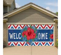 Hibiscus Welcome Garage Door Cover, Red Tropical Flower Large Garage Banner, Summer Outdoor Party Display Decor 390 x 180 cm