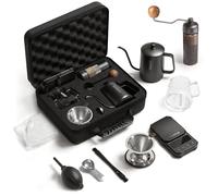 HIBREW Set da caffè versato da 8 pezzi con custodia da viaggio, bollitore a collo di cigno in acciaio inox, macinino manuale, server in vetro, gocciolatore, bilancia e filtri, caffettiera da barista