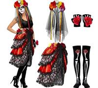 HICARER 4 Costumi di Halloween per Giorno dei Morti per Donna tra Cui Cravatta Multicolore su Trambusto Cerchietto con Fiori di Rosa Guanti Senza Dita e Calzini Alti alla Coscia con Scheletro