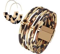Hicarer Bracciali e Orecchini di Leopardo da Donna Bracciali Ghepardo Orecchini di Tartaruga Bracciali Avvolgenti in Pelle Multistrato Accessori Boho per Polsi Grandi da Donna (Leopardo Beige)