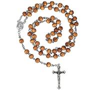 HICARER Collana Rosario in Legno con Croce Collana Cattolica di Perle di Ulivo Catena di Collana della Santa con con Medaglia Crocifisso d'Argento Gioielli per Uomo Bomboniera