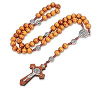 HICARER Collana Rosario in Legno di Ulivo Perline di Legno Rosario Cattolico Croce Catena di Legno del Rosario Fatta a Mano Collana di Perle in Legno di Ulivo con Croce con Borsa Flanella