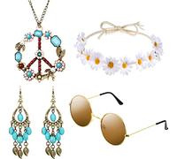 HICARER Il Set di Costumi per Hippy Include Occhiali da Sole, Fascia per Capelli, Collana e Orecchini con Segno di Pace (Bohemien Marrone) (Stile Turchese)