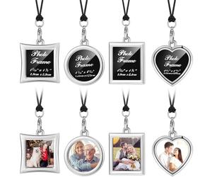 Hicarer Mini Cornice per Foto da 4 Pezzi Ornamento per Appendere Specchietto Retrovisore per Auto Portafoto in Metallo con Medaglione con 4 Pezzi di Corde di Cera (Argento)