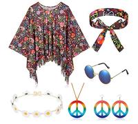 HICARER Set Costume Hippie Include Mantello Hippie, Orecchini Collana con Segno di Pace, Fascia Anni '60 Anni '70, Occhiali da Sole Hippie Fascia Fiore per Donna Accessori, 6 Pezzi Totale (Elegante)