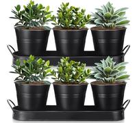 Hicarer Set di 2 fioriere per erbe aromatiche con vassoio in metallo, fioriera da giardino con drenaggio, per davanzale, piante da interno, fiori e piante grasse, per esterni, cucina, appartamento,