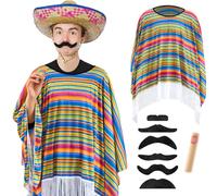 HICARER Set di 3 Accessori per Costume Messicano da Uomo Mantello Fiesta Serape Poncho Baffi Realistici Sigaro Finto Divertente Costume da Messico per Festa Carnevale Cosplay (Colore classico)