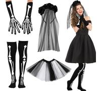 HICARER Set di 4 Accessori per Costume da Scheletro di Halloween Include 1 Paio di Guanti da Scheletro 1 Paio di Calzini 1 Lungo Velo con Fiori Neri 1 Gonna Tutu per Donne Adulti Cosplay