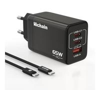 Hichain Caricatore USB C 65W 3 Porte PD & QC3.0 GaN Caricatore Rapido per iPhone 17 Pro Max Air/16 Plus Pro Max/15/14/13/12, Galaxy, Pixel 4/3, iPad/iPad Mini Con cavo 1.2m