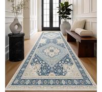HiChiclife Tappeto in stile persiano blu, 80 x 300 cm, passatoia lunga per corridoio, tappeto vintage lavabile per soggiorno e camera da letto, tappetino morbido antiscivolo