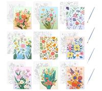 HICOHAND Tela pre-stampata, 9 pezzi, senza cornice, tema floreale primaverile, pre-disegnato, kit per pittura su tela, 19 x 24 cm, tela pre-allungata con pennelli, per adulti, feste, studenti, regalo