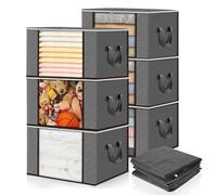 hicoosee 6 Pezzi 90L Scatole per Vestiti, Contenitori per Armadio Salvaspazio Pieghevole con Manico rinforzato Organizer Armadio, contenitori sottoletto per Coperte, Biancheria da Letto, Grigio