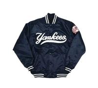 HIDE CRAFTS NY Ynkes - Giacca bomber Varsity da uomo, in raso, blu navy, con bottoni sul davanti, stile baseball, Blu, Large