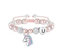 Hidepoo Braccialetto con unicorno, regalo per ragazze, con perle rosa e sfere di strass, con iniziale a forma di cuore, con zirconia cubica, regalo di compleanno per ragazze e figlie, 10 inches