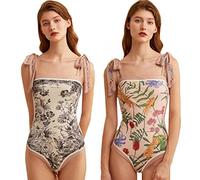 HIDRUO Women Floral One Piece Swimsuits, Square Neck Reversible Tie Shoulder Monokini, Tummy Control Bathing Suits (S, Pink)