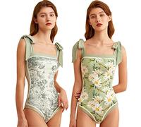 HIDRUO Women Floral One Piece Swimsuits, Square Neck Reversible Tie Shoulder Monokini, Tummy Control Bathing Suits (S, Green)