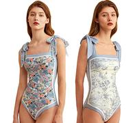 HIDRUO Women Floral One Piece Swimsuits, Square Neck Reversible Tie Shoulder Monokini, Tummy Control Bathing Suits (L, Blue)