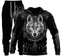 hiegi Athletic - Tuta sportiva da uomo, 2 pezzi, con leone 3D, tigre, lupo, casual, jogging, felpa con cappuccio, Fwolf-5, S
