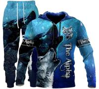 hiegi Athletic - Tuta sportiva da uomo, 2 pezzi, con leone 3D, tigre, lupo, casual, jogging, felpa con cappuccio, Fwolf-4, L