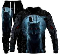 hiegi Athletic - Tuta sportiva da uomo, 2 pezzi, con leone 3D, tigre, lupo, casual, jogging, felpa con cappuccio, Fwolf-6, L